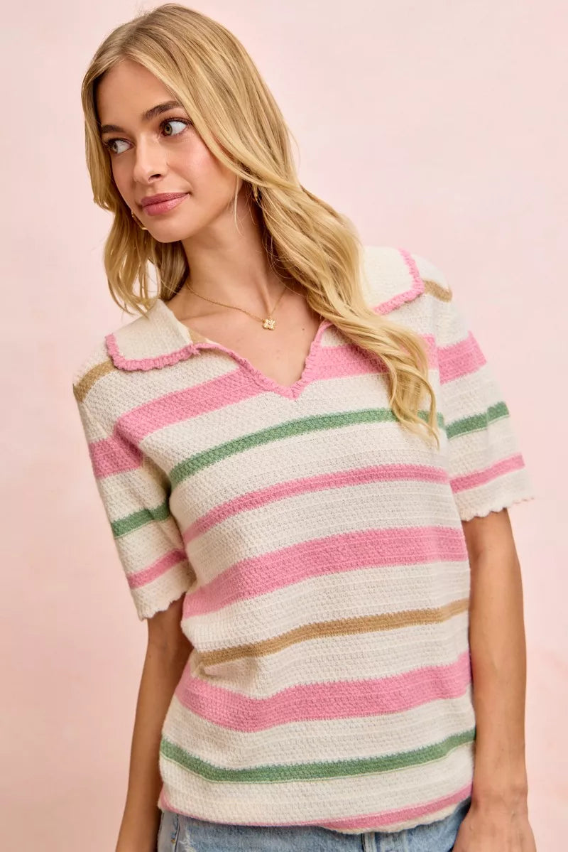 BiBi Multi Colors Stripes Collared Knit Top - Sleekdenim.com