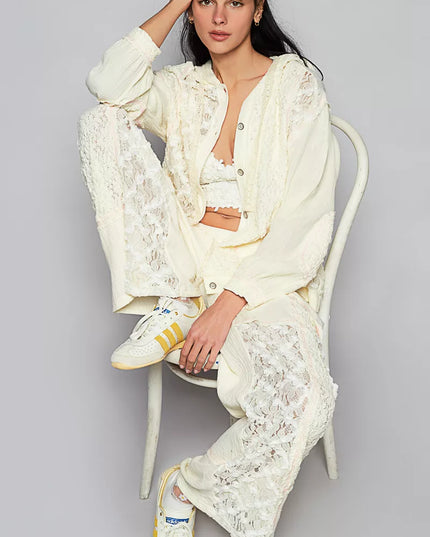 POL Exposed Seam Button Down Hooded Jacket with Lace Detail - Sleekdenim.com