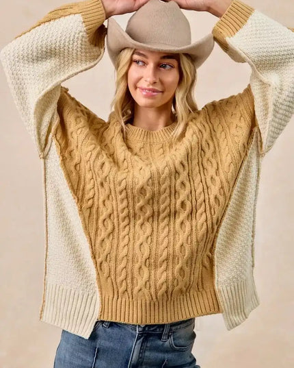 BiBi Cable Knit With Hacci Combo Sweater With Uneven Hem Detail - Sleekdenim.com