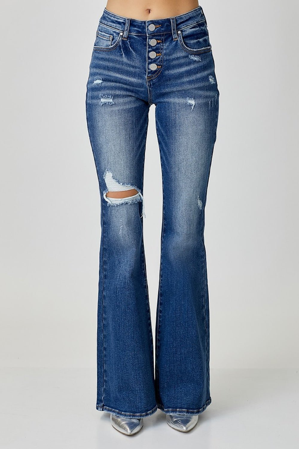 RISEN Distressed Button-Fly Flare Jeans | Sleekdenim.com