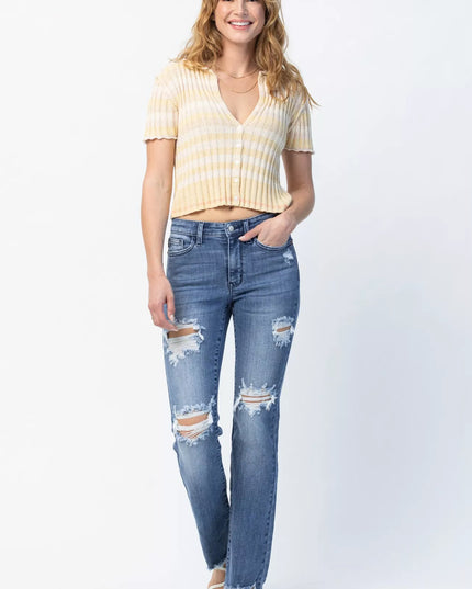 Judy Blue Full Size Mid Rise Destroy Straight Jeans Plus Size - Sleekdenim.com