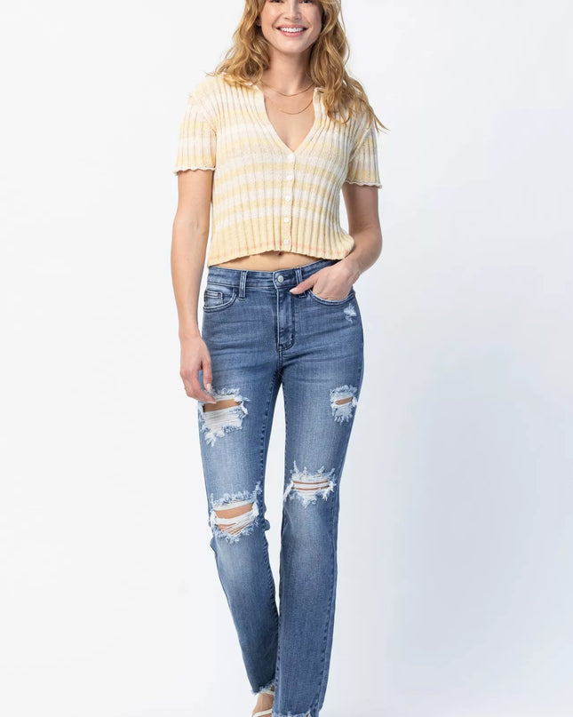 Judy Blue Full Size Mid Rise Destroy Straight Jeans Plus Size - Sleekdenim.com