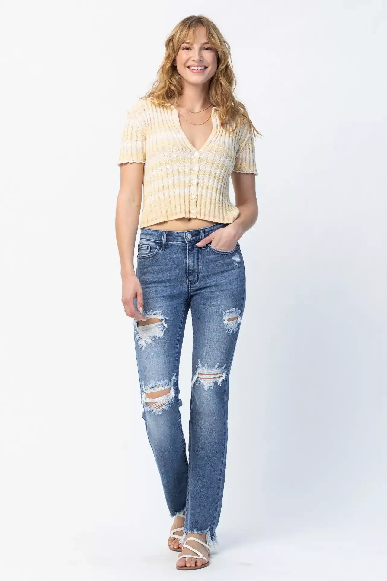 Judy Blue Mid Rise Destroy Straight Jeans 82425 - Sleekdenim.com