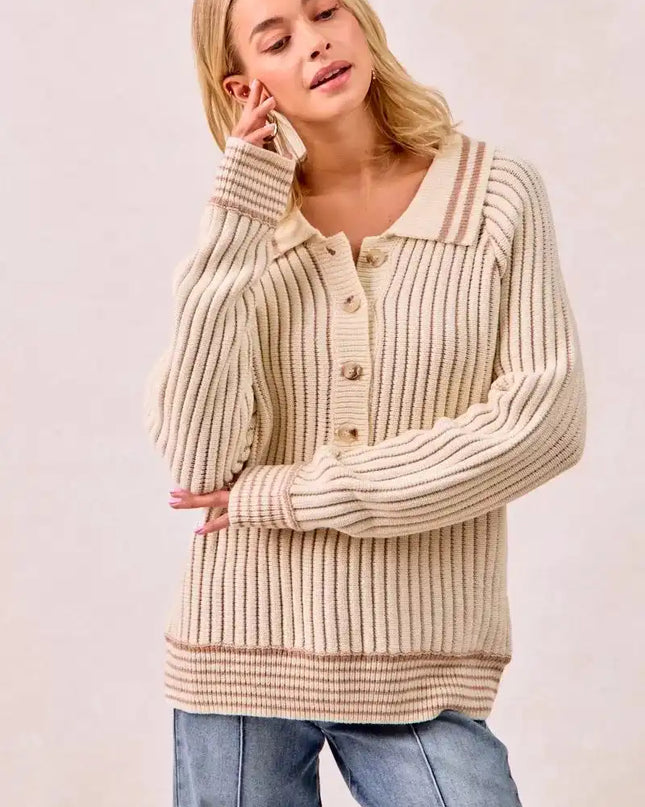 BiBi Half Button Ribbed Two Tone Sweater - Sleekdenim.com