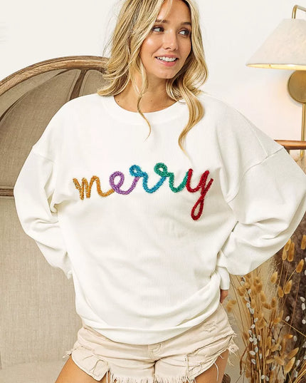 BiBi Merry Tinsel Lettering Drop Shoulder Sweatshirt - Sleekdenim.com