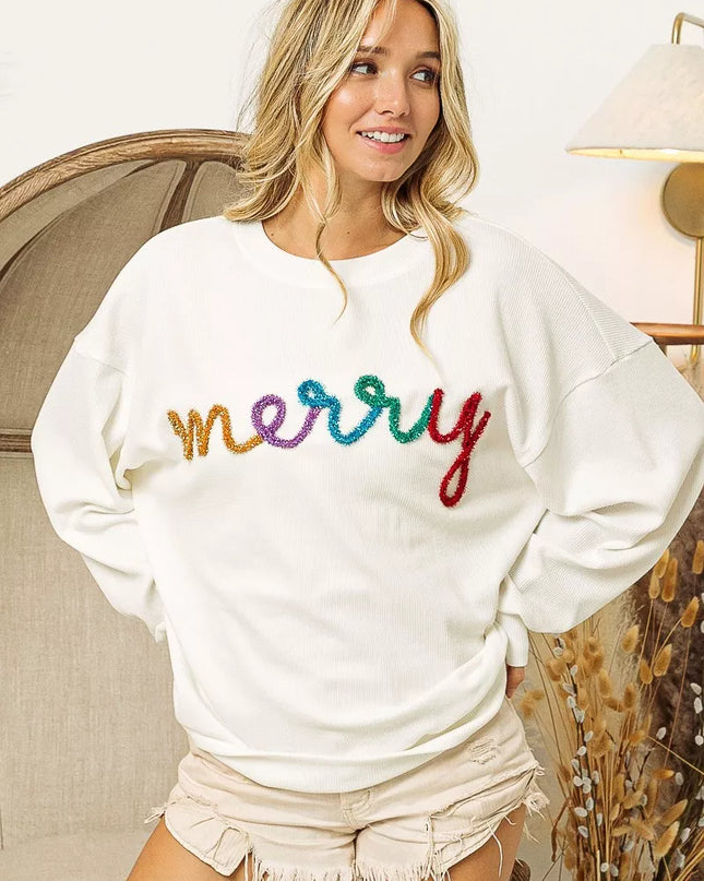 BiBi Merry Tinsel Lettering Drop Shoulder Sweatshirt - Sleekdenim.com