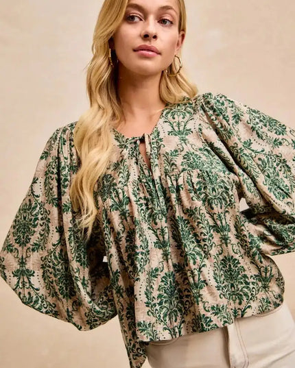 BiBi Printed Woven Front Tied Blouse with Baloon Sleeve - Sleekdenim.com