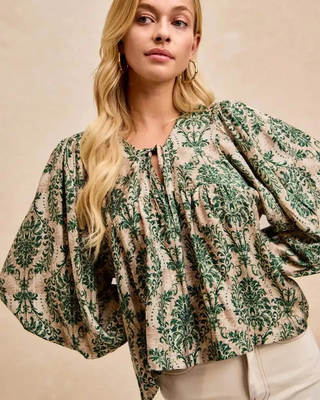 BiBi Printed Woven Front Tied Blouse with Baloon Sleeve - Sleekdenim.com