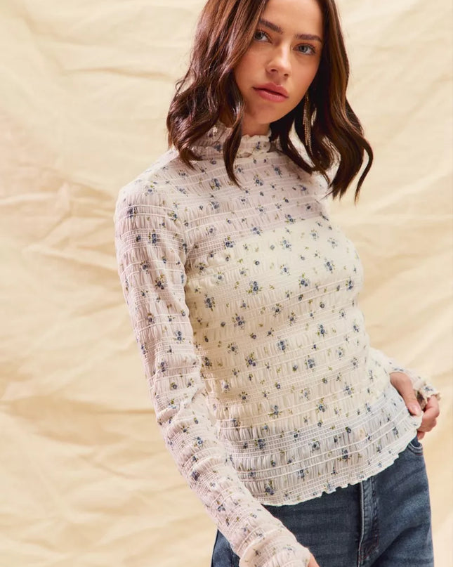 SO ME Floral Print Textured Long Sleeve Knit Top - Sleekdenim.com