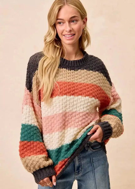 BiBi Stripes Color Block Chunky Sweater - Sleekdenim.com