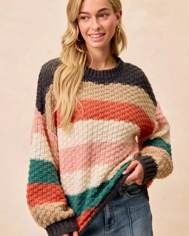 BiBi Stripes Color Block Chunky Sweater - Sleekdenim.com