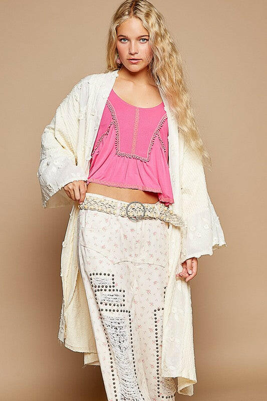 POL Flower Lace Trim Open Front Longline Cardigan | Sleekdenim.com