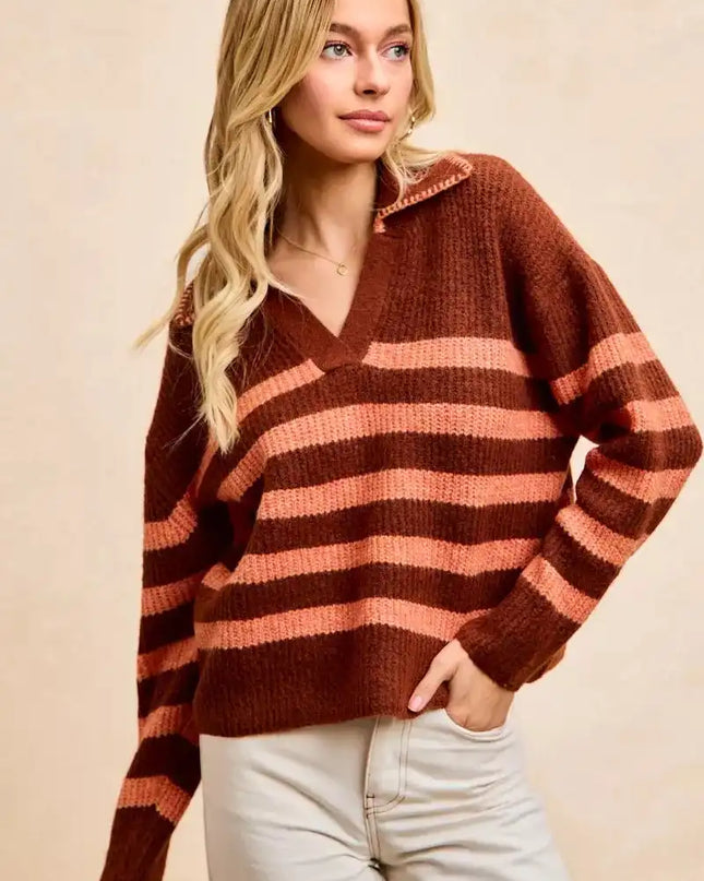 BiBi Striped Sweater Top with Collar Stitched Details - Sleekdenim.com