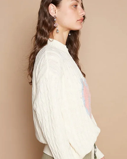 POL Cable-Knit Peace Patch Dropped Shoulder Sweater - Sleekdenim.com