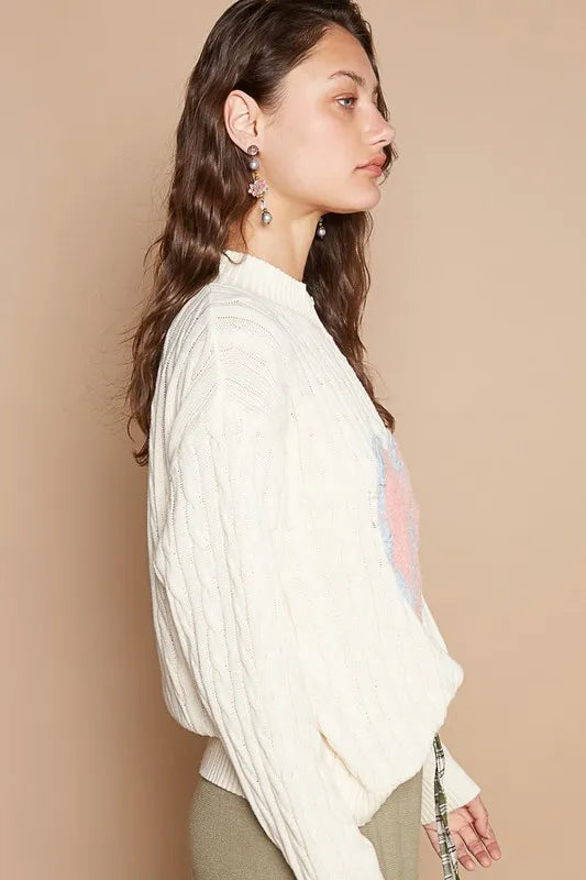 POL Cable-Knit Peace Patch Dropped Shoulder Sweater - Sleekdenim.com
