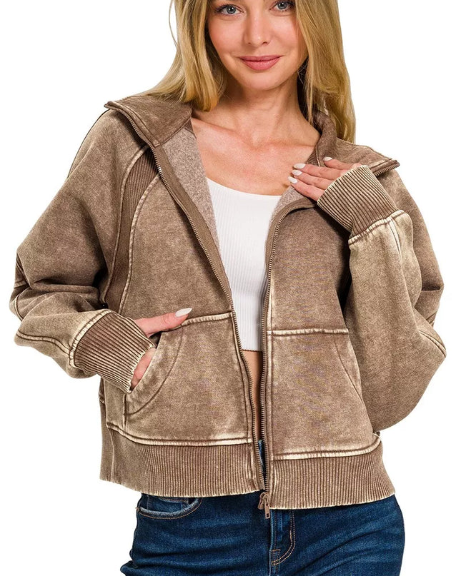 Zenana Acid Wash Zip Up Fleece Jacket - Sleekdenim.com