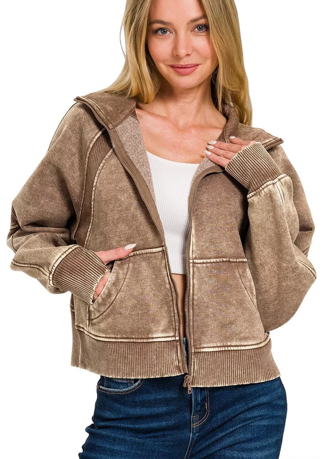 Zenana Acid Wash Zip Up Fleece Jacket - Sleekdenim.com