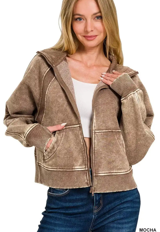 Zenana Acid Wash Zip Up Fleece Jacket - Sleekdenim.com