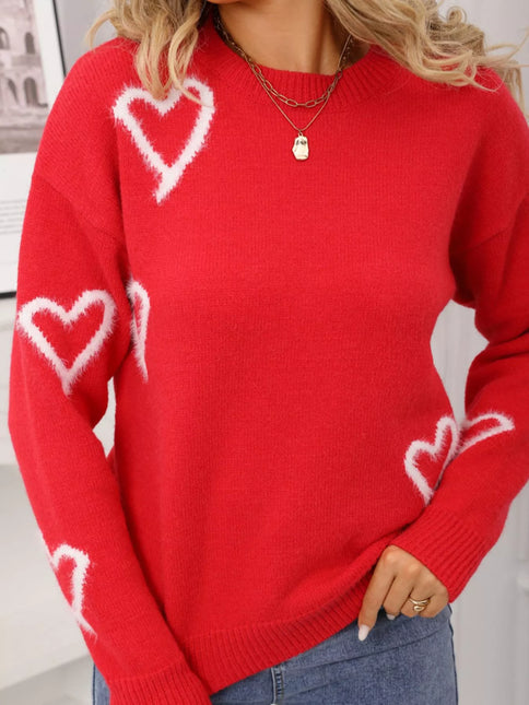Valentine's Day Heart Print Crew Neck Sweater - Sleekdenim.com