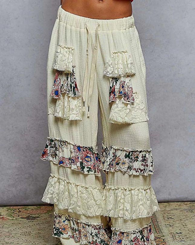 POL Drawstring Double Gauze Wide Leg Pants with Print and Lace Ruffle - Sleekdenim.com