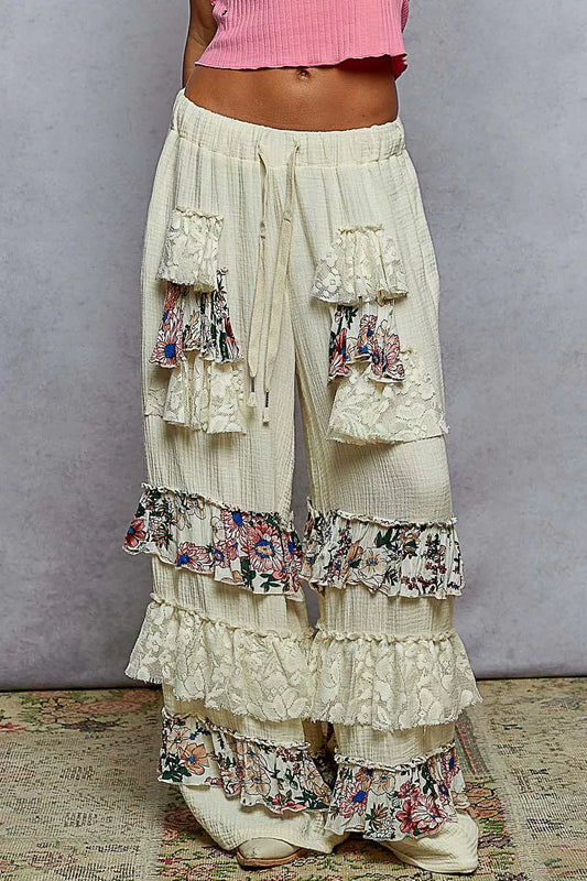POL Drawstring Double Gauze Wide Leg Pants with Print and Lace Ruffle - Sleekdenim.com