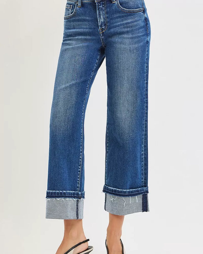 RISEN Mid Rise Ankle Straight Jeans with Cuffed Hem - Sleekdenim.com