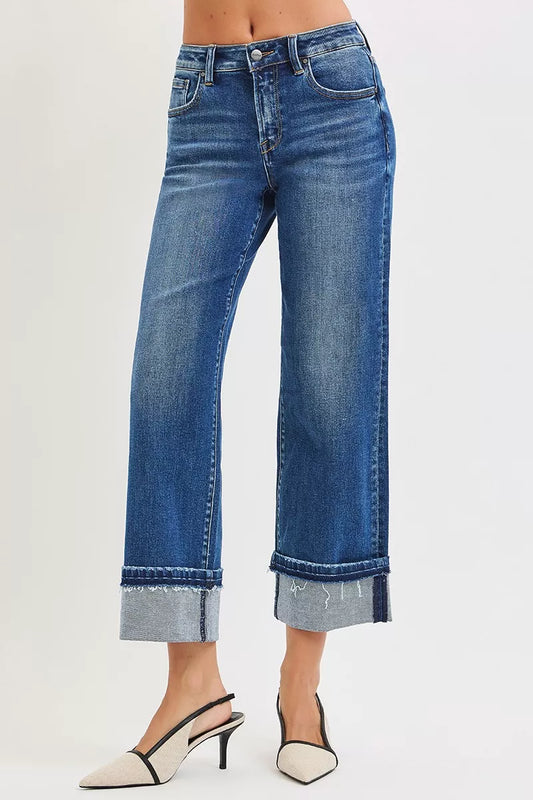 RISEN Mid Rise Ankle Straight Jeans with Cuffed Hem - Sleekdenim.com