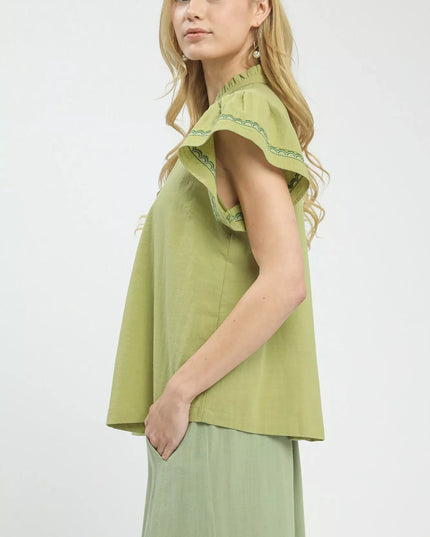 Umgee Embroidered Flutter Sleeve Blouse - Sleekdenim.com