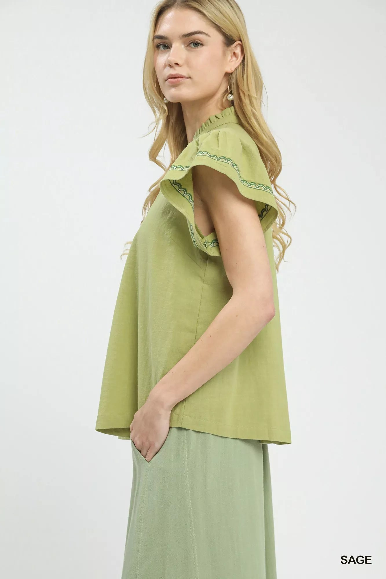 Umgee Embroidered Flutter Sleeve Blouse - Sleekdenim.com