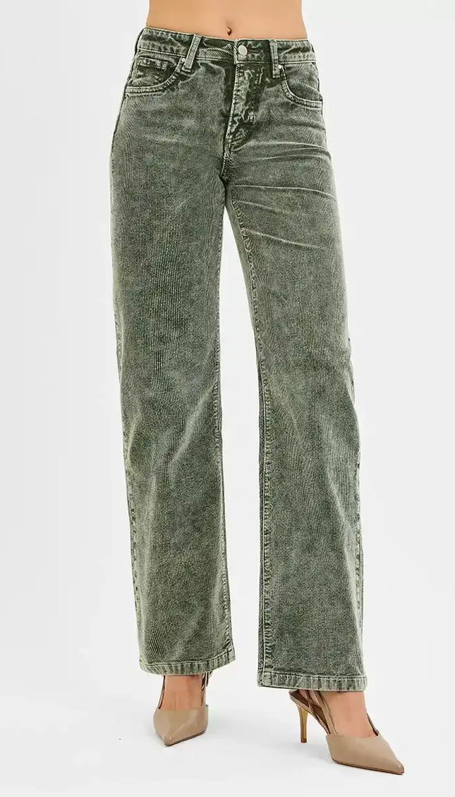 RISEN Tummy Control Mid Rise Straight Leg Corduroy Pants - Sleekdenim.com