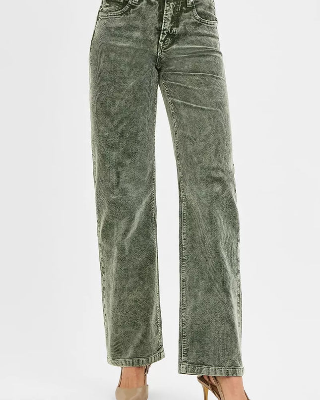 RISEN Tummy Control Mid Rise Straight Leg Corduroy Pants - Sleekdenim.com