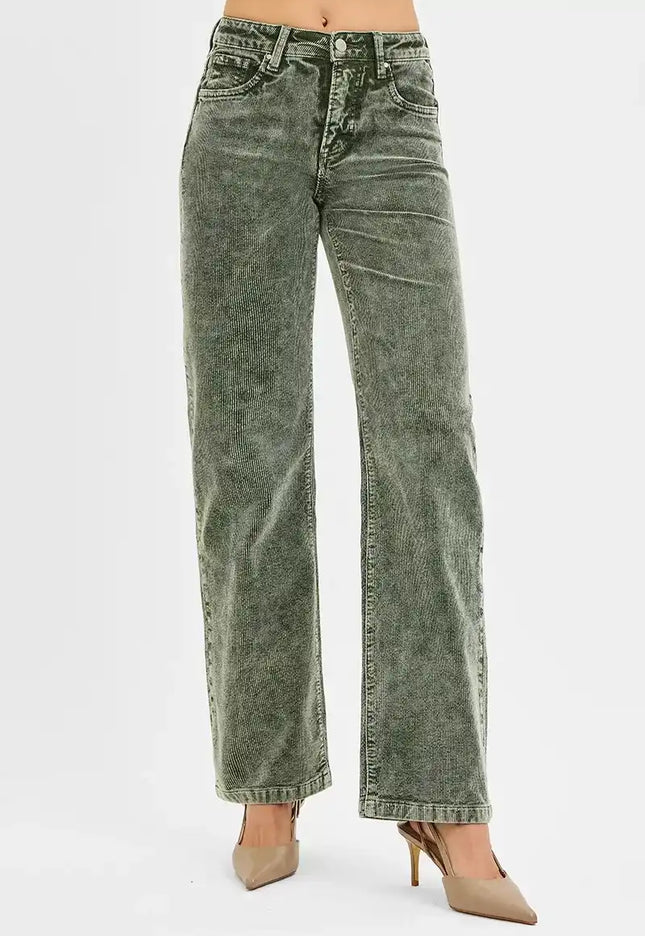 RISEN Tummy Control Mid Rise Straight Leg Corduroy Pants - Sleekdenim.com