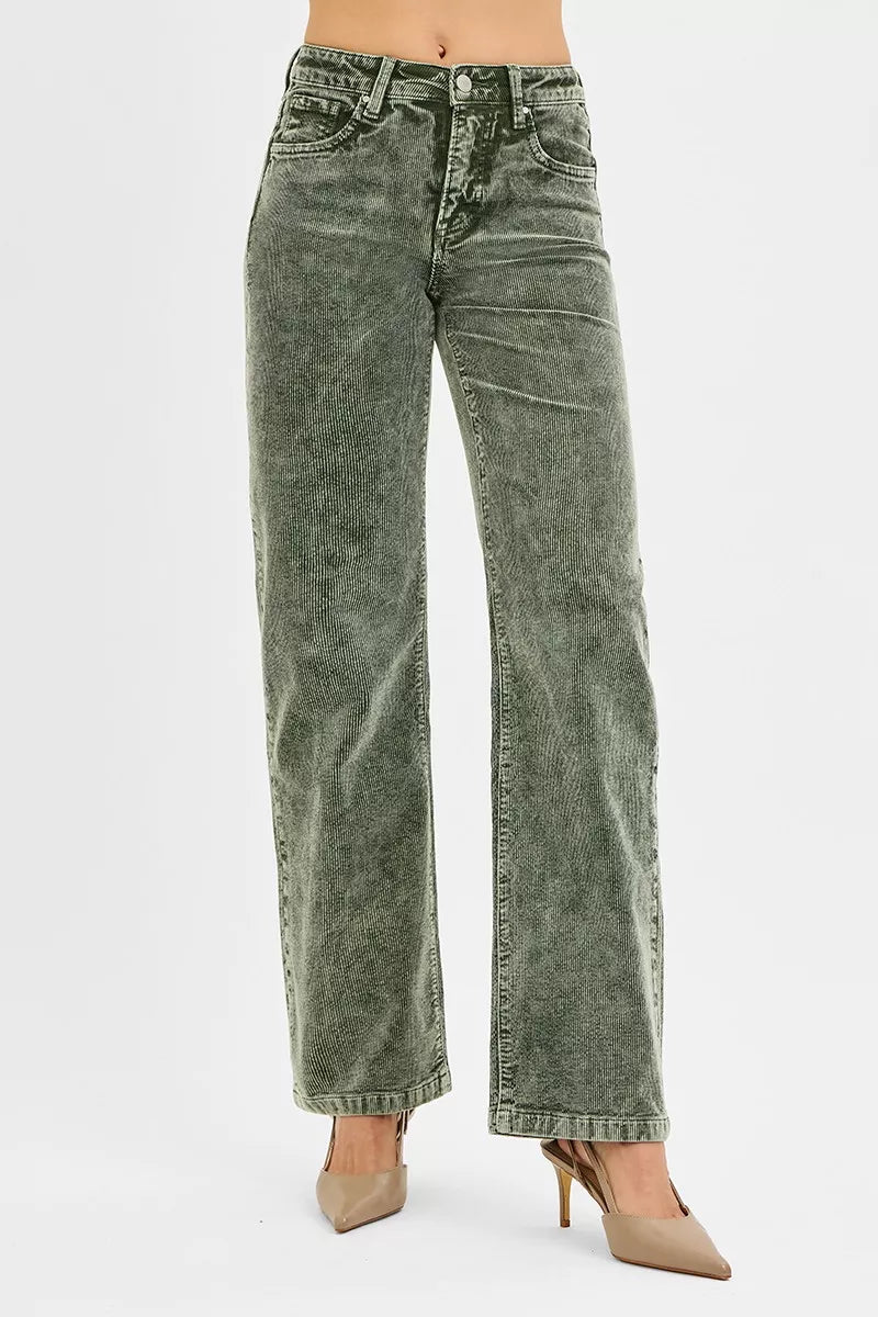 RISEN Tummy Control Mid Rise Straight Leg Corduroy Pants - Sleekdenim.com