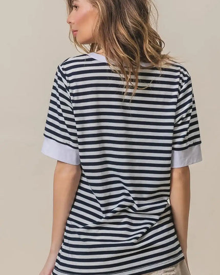 BiBi Contrast Striped Notched Knit Top - Sleekdenim.com