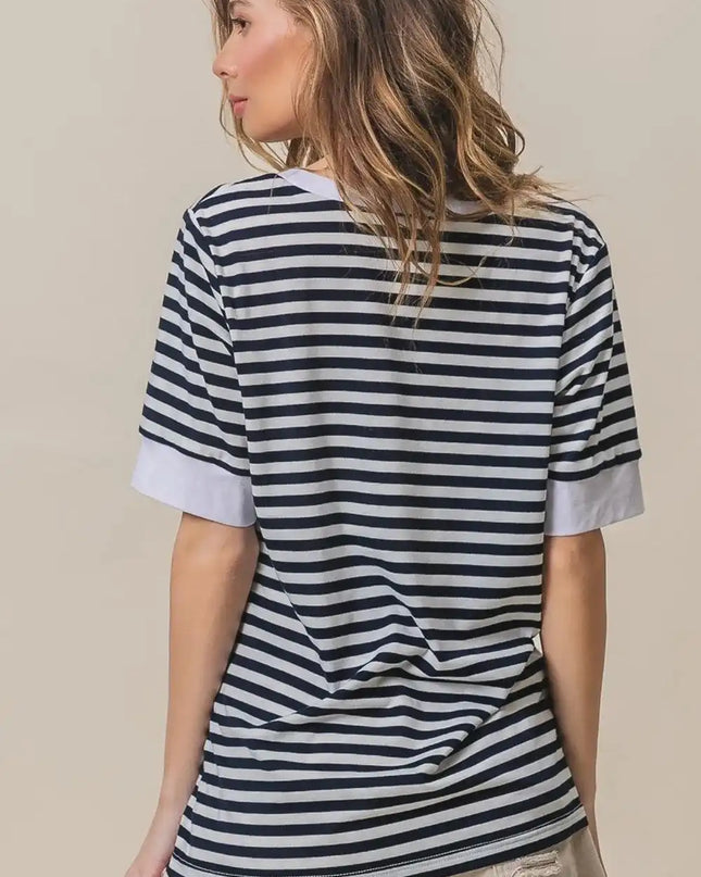 BiBi Contrast Striped Notched Knit Top - Sleekdenim.com