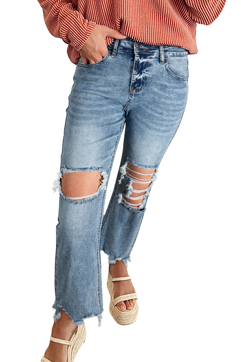 Myosotis Raw Hem Ripped Open Knee Vintage Jeans - Sleekdenim.com