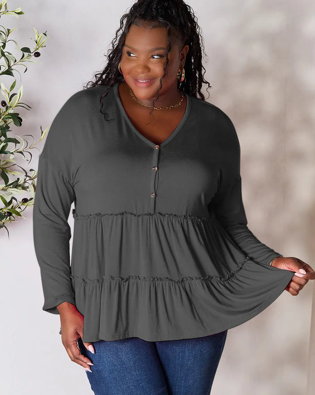 Double Take Half Button Long Sleeve Ruffle Hem Blouse - Sleekdenim.com