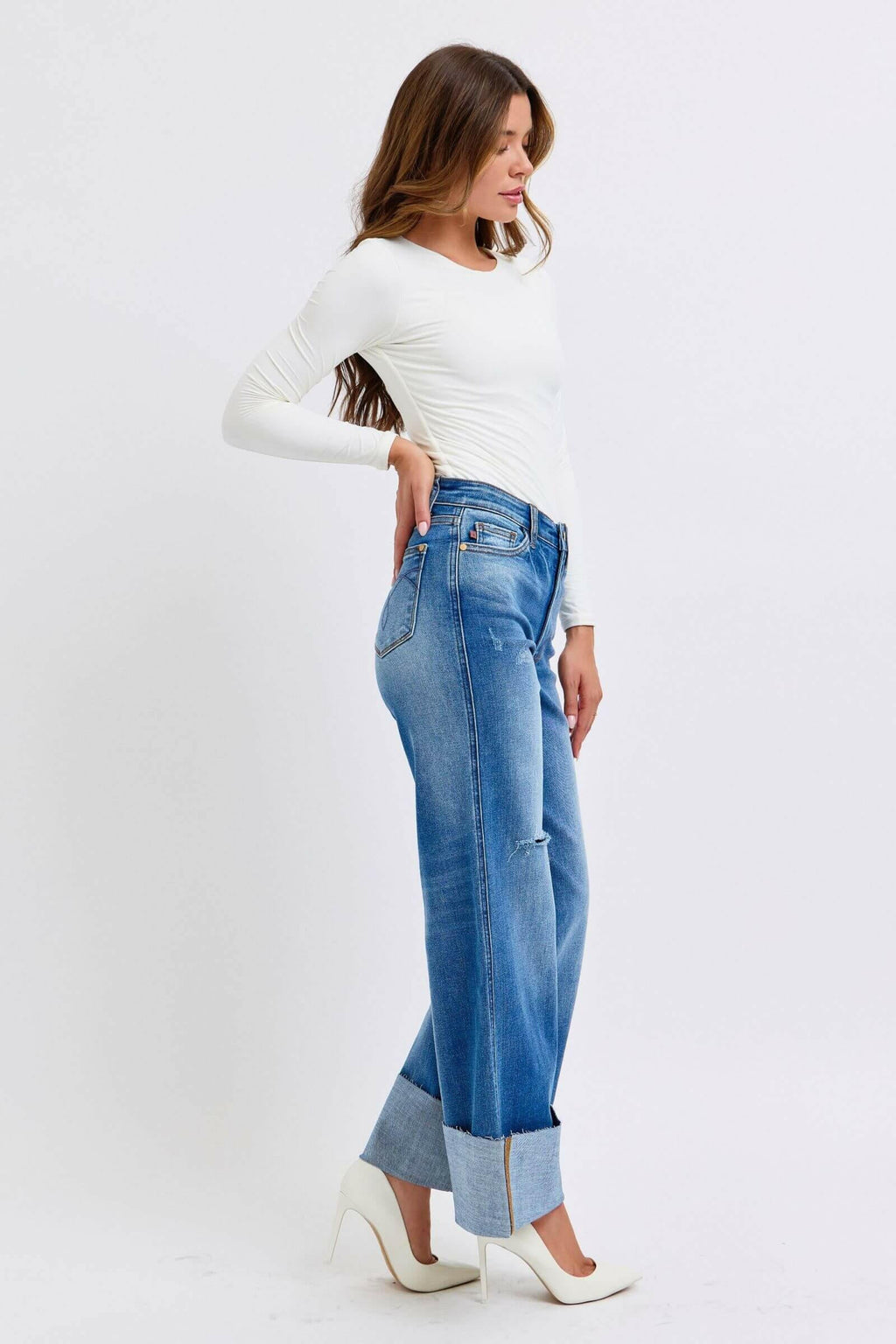 Judy Blue Full Size Distressed High Waist Wide Leg Jeans | Sleek Denim Boutique | Sleekdenim.com