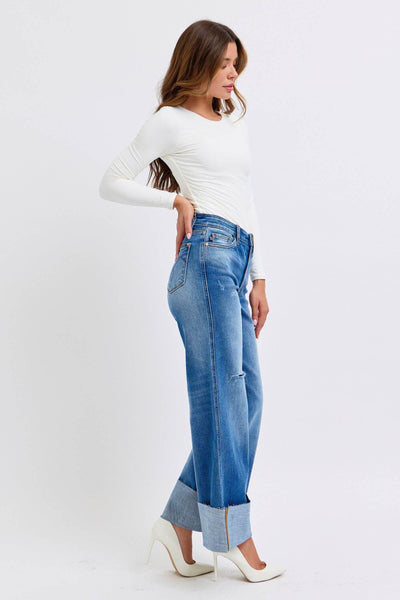 Judy Blue Full Size Distressed High Waist Wide Leg Jeans | Sleek Denim Boutique.