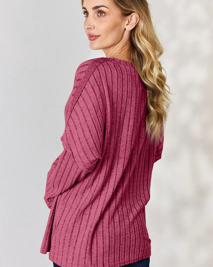 Basic Bae Full Size Ribbed Half Button Long Sleeve T-Shirt - Sleekdenim.com