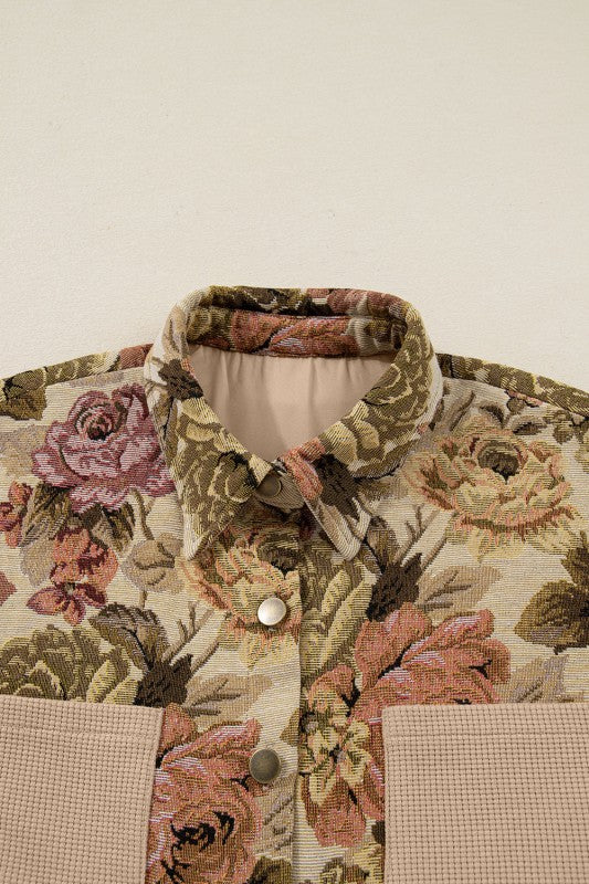 Floral Waffle Knit Patchwork Chest Pocket Buttoned - Sleekdenim.com