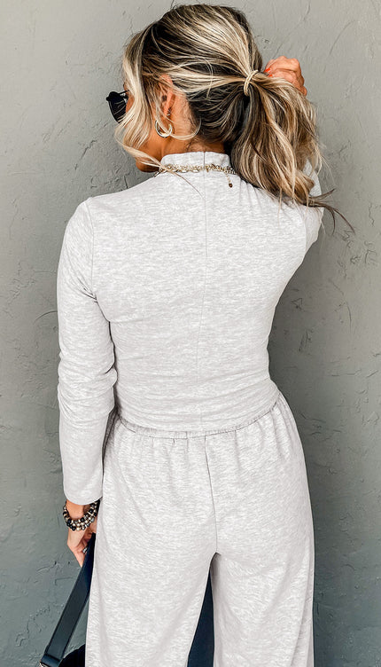 Light Grey Long Sleeve High Neck Slim Top Smocked Waist Central Seam Pants Set - Sleekdenim.com