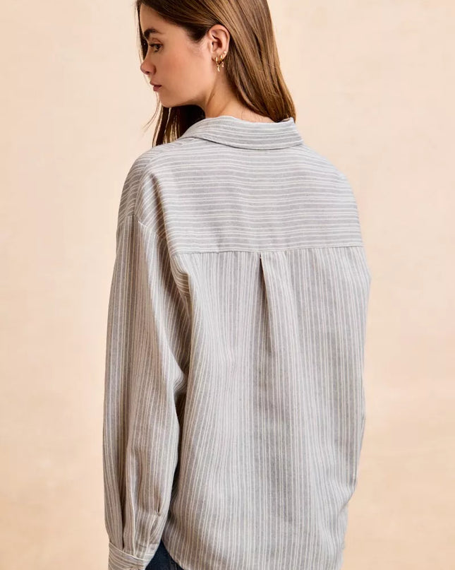 BiBi Flower Jacquard Knit Patch Pocket Stripe Shirt - Sleekdenim.com