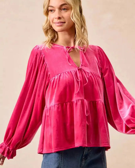 BiBi Christmas Theme Velvet Bow Tied Blouse - Sleekdenim.com