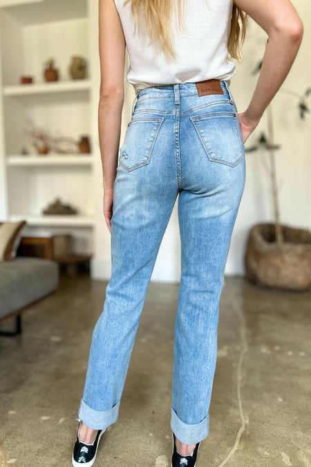 Judy Blue Full Size Distressed Straight Jeans with Patch Pockets | Sleekdenim.com