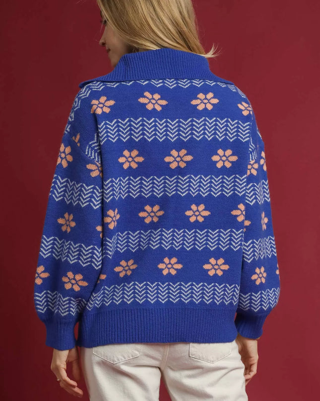 Umgee Floral Patterned Jacquard Quarter-Zip Pullover Sweater - Sleekdenim.com