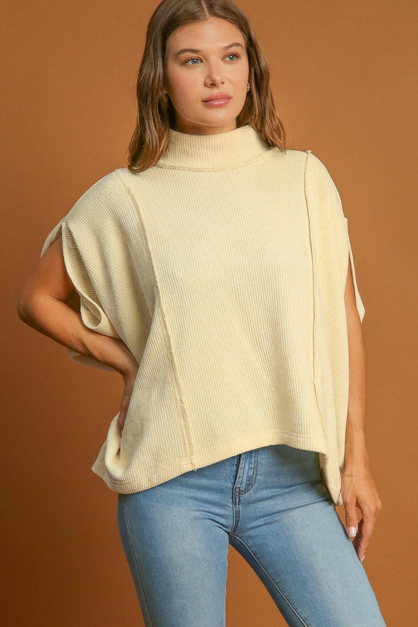 Umgee Solid Color Mock Neck Short Sleeve Top Cream