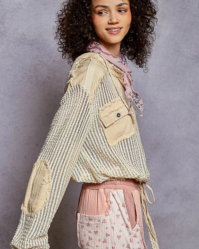 POL Texture Woven Button Down Hooded Shirt with Drawstring Hem - Sleekdenim.com