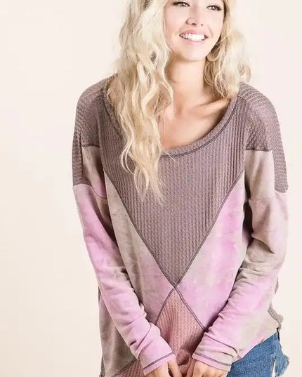 BiBi Thermal Waffle Color Block Top with Tie Dye - Sleekdenim.com
