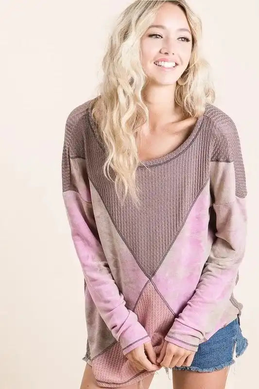 BiBi Thermal Waffle Color Block Top with Tie Dye - Sleekdenim.com